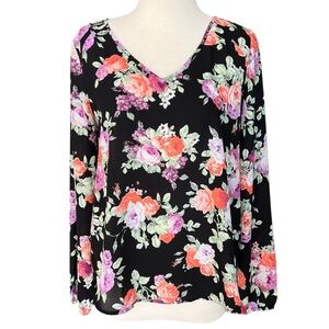 Decree Floral Blouse Lightweight Flowy Long Sleeve Top Black Colorful Medium